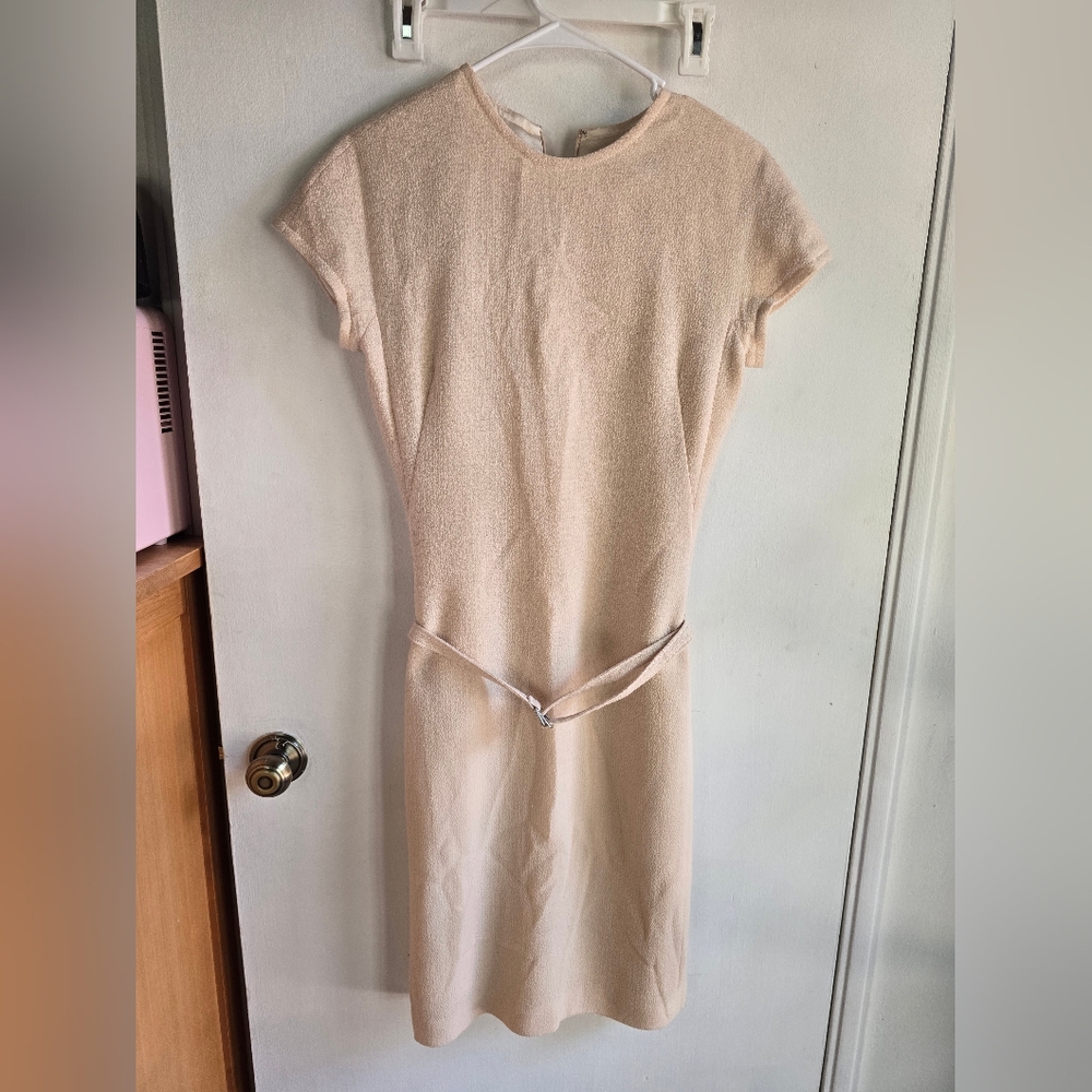 Lida Baday Elegant Wool Cap Sleeve Belted Mini Cream Dress Size 6